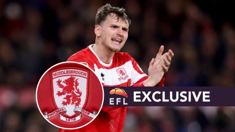 Rav van den Berg during Middlesbrough FC v Leeds United FC - Sky Bet Championship. Inset, Middlesbrough badge. Overlaid, EFL Analysis Exclusive ban...