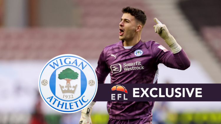 Wigan Athletic goalkeeper Sam Tickle. Inset, Wigan badge. Overlaid, exclusive branding.