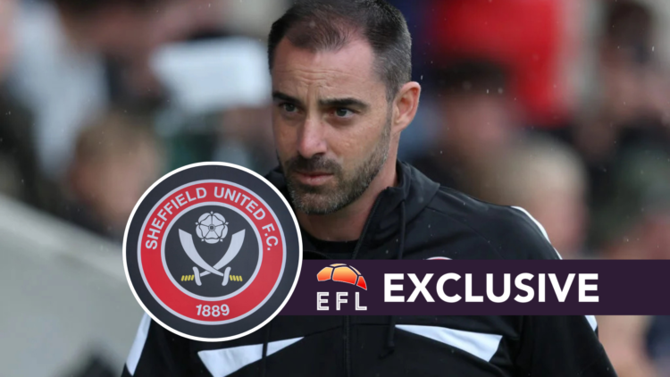 Sheffield United FC head coach Ruben Selles reacts during a pre-season friendly. Inset, the Sheffield United FC badge. Overlaid, the EFL Analysis e...