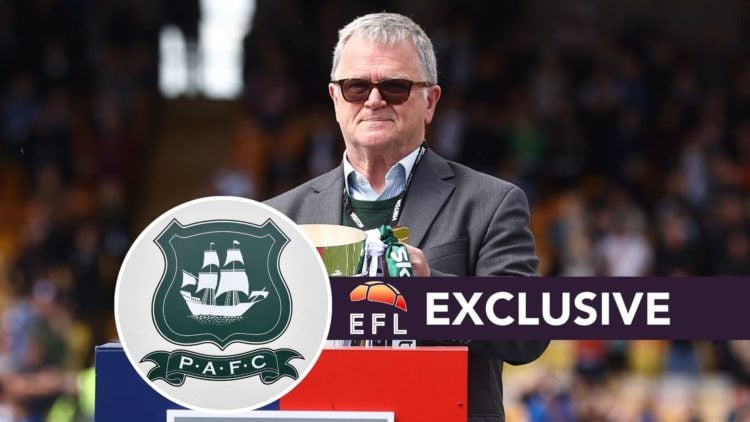 Simon Hallett the chairman of Plymouth Argyle with the EFL Sky Bet League One trophy during the Sky Bet League One between Port Vale and Plymouth A...