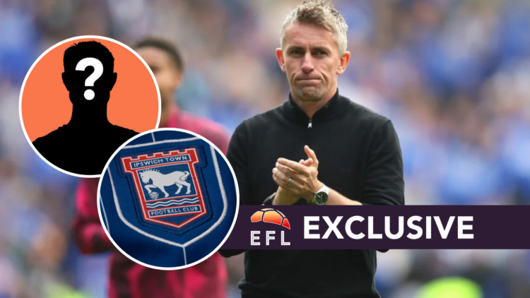 Ipswich Town FC manager Kieran McKenna applauds fans after a Premier League game. Inset, the Ipswich Town FC badge and a mystery player. Overlaid, ...