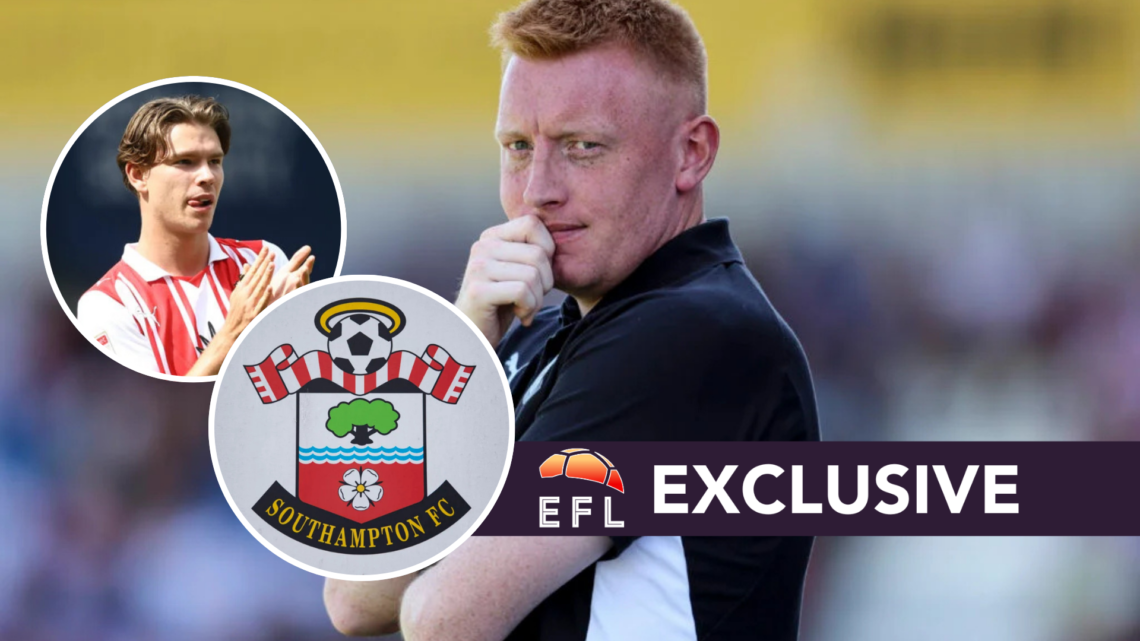 Southampton FC manager Will Still during a pre-season friendly. Inset, Southampton FC player Tyler Dibling, and the Southampton FC badge. Overlaid,...