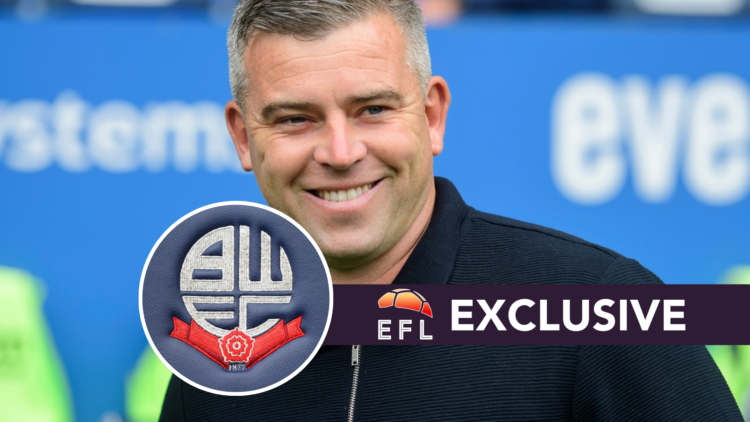 Bolton Wanderers manager Steven Schumacher. Inset, club badge. Overlaid, exclusive branding.