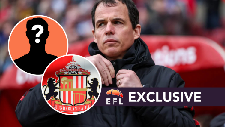 Sunderland AFC manager Regis Le Bris before a Championship game. Inset, the Sunderland AFC badge and a mystery player. Overlaid, the EFL Analysis e...