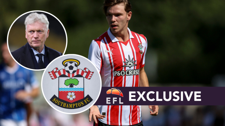 Southampton FC player Tyler Dibling reacts during a pre-season friendly, and inset, Everton FC manager David Moyes and the Southampton FC badge. Ov...
