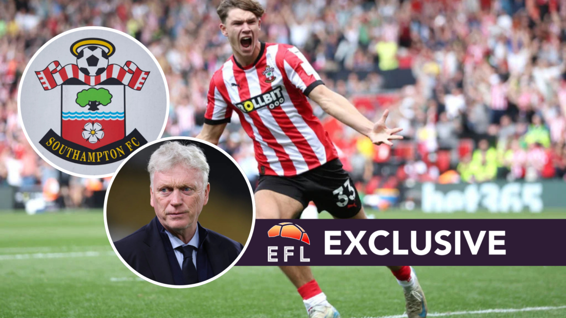 Southampton FC player Tyler Dibling celebrates after scoring a goal in the Premier League against Ipswich Town FC. Inset, the Southampton FC and Ev...