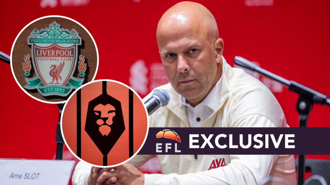Liverpool FC manager Arne Slot in a press conference. Inset, the Liverpool FC badge and the Salford City FC badge. Overlaid, the EFL Analysis exclu...