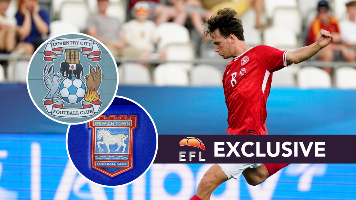 Danish star William Boving. Inset, Coventry City and Ipswich Town badge. Overlaid, exclusive branding.
