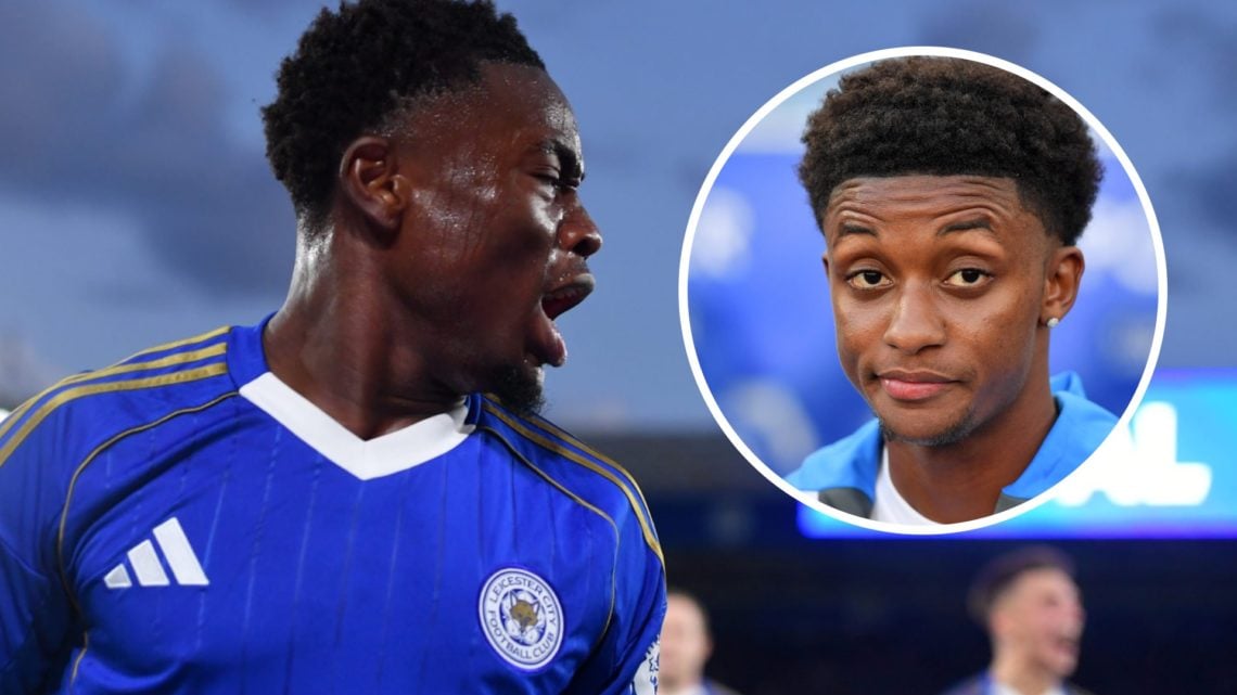 Abdul Fatawu of Leicester City celebrates scoring the opening goal for Leicester City. Inset: Demarai Gray of Birmingham City arrives at King Power...