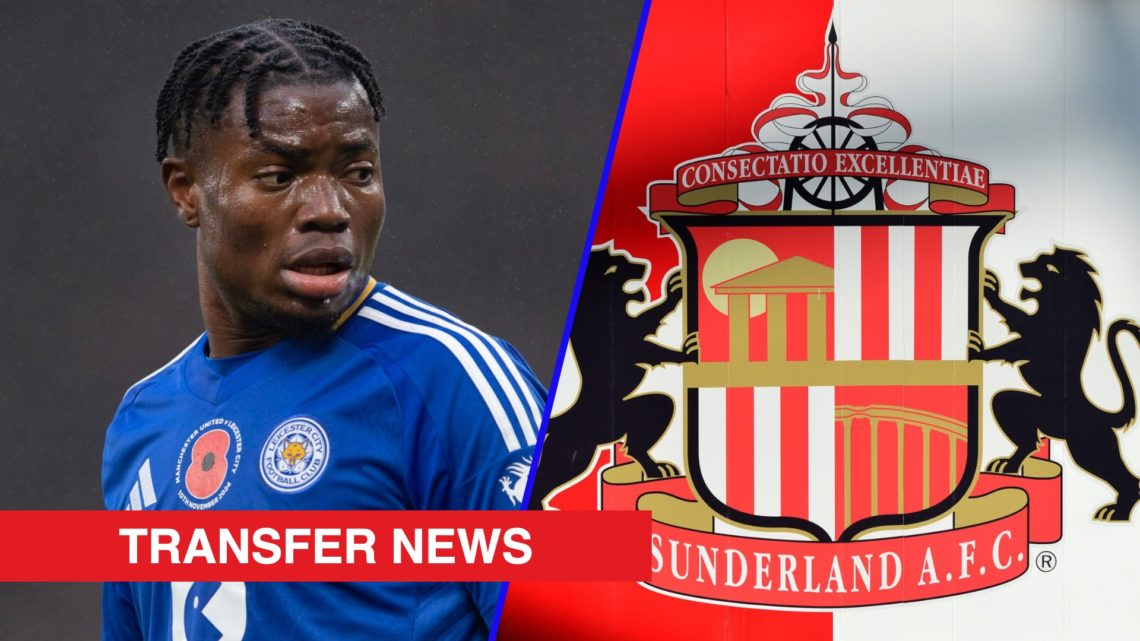 Split image showing Leicester City winger Abdul Fatawu and the Sunderland badge