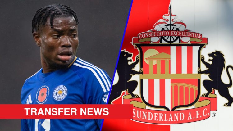 Split image showing Leicester City winger Abdul Fatawu and the Sunderland badge