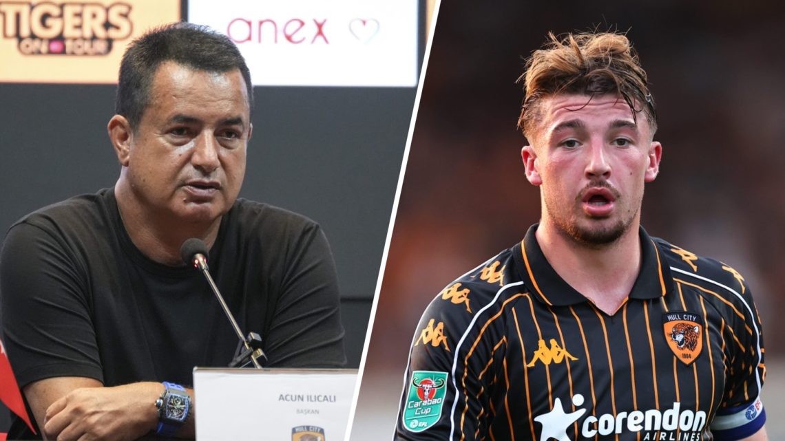 English football club Hull City's chair Acun Ilicali speaks (left), Charlie Hughes of Hull City (right)