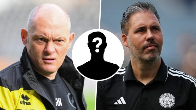 Millwall FC manager Alex Neil before a Championship game, and Leicester City FC head coach Marti Cifuentes. Overlaid, a mystery player.