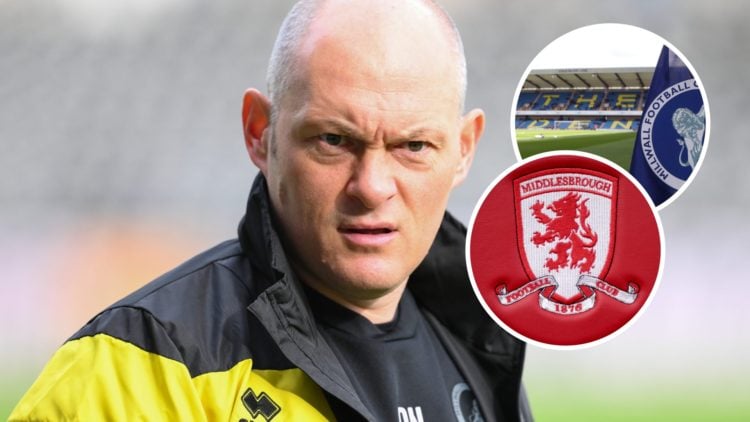 Millwall FC manager Alex Neil reacts during a Championship game. Inset, the Millwall FC badge on a corner flag at The Den, and the Middlesbrough FC...