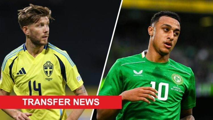 Anton Saletros of Sweden during the UEFA Nations League 2024/25 League C Group C1 match between Sweden and Azerbaijan (L). Adam Idah of Republic of...
