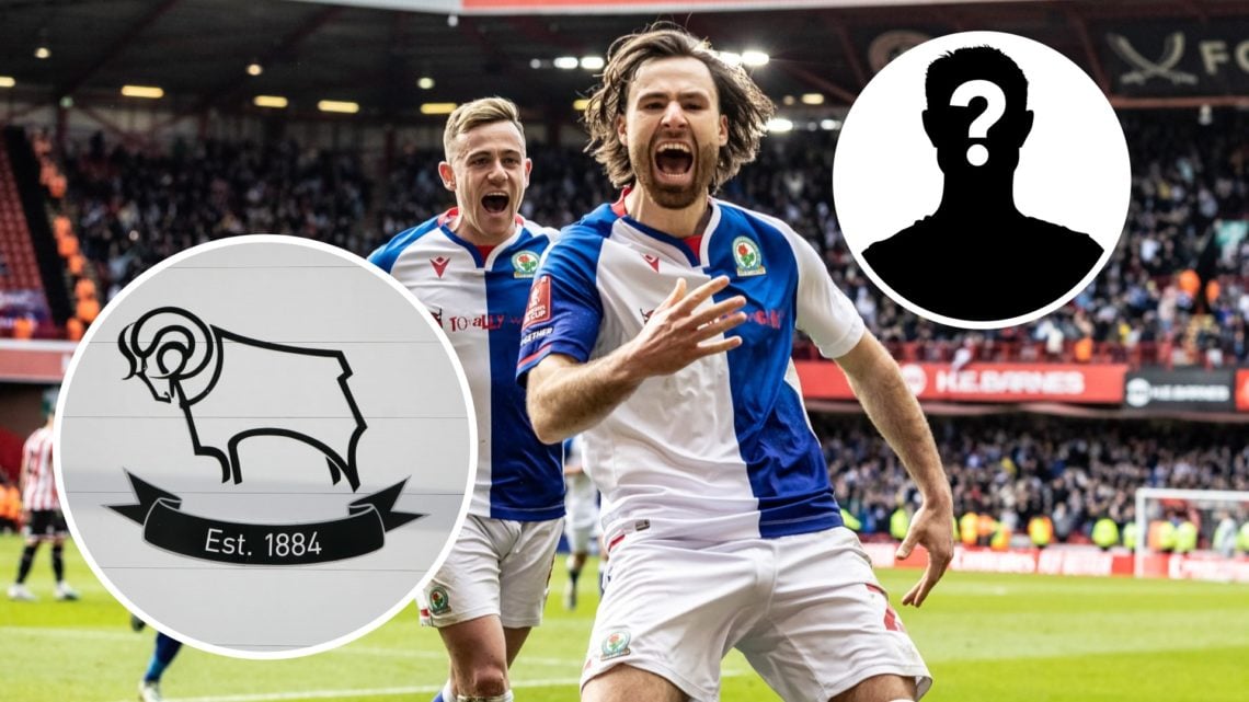 Ben Brereton Diaz playing for Blackburn Rovers. Inset, Derby County badge and mystery graphic.