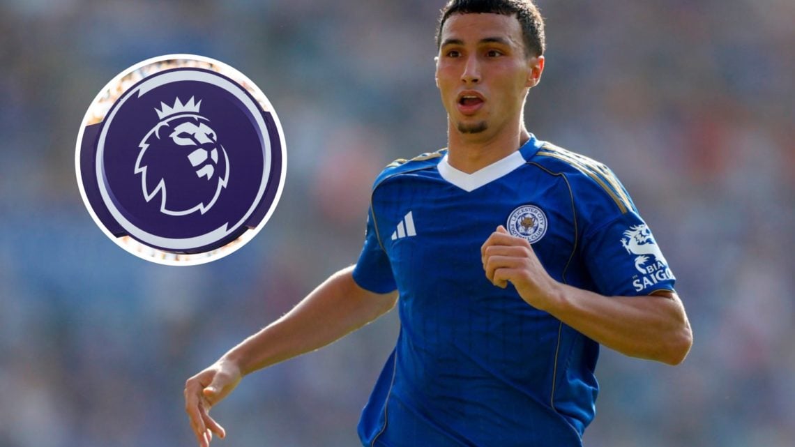 Bilal El Khannouss during a Championship game against Sheffield Wednesday FC. Inset, the Premier League logo.