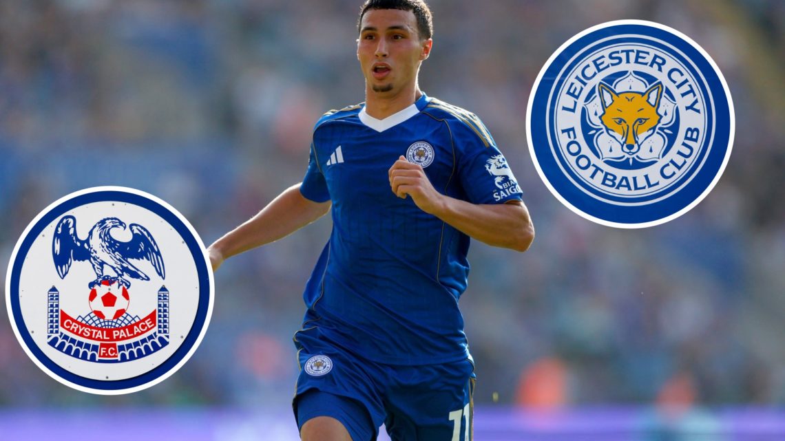 Bilal El Khannouss in action during Leicester City vs Sheffield Wednesday, an inset of the Leicester City badge, an inset of the Crystal Palace badge