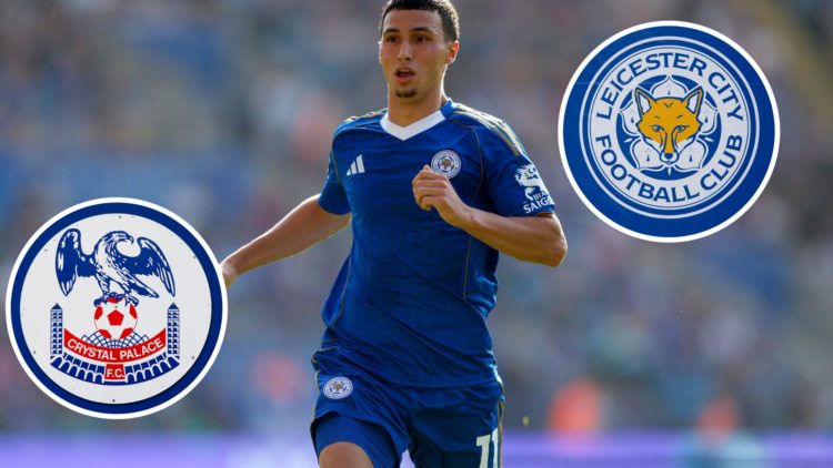 Bilal El Khannouss in action during Leicester City vs Sheffield Wednesday, an inset of the Leicester City badge, an inset of the Crystal Palace badge