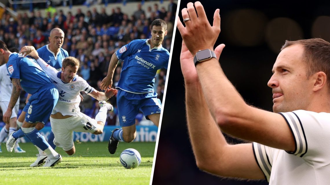 Andy King (C) of Leicester City falls under a challenge from Liam Ridgewell (L) and Pablo Ibanez (R) of Birmingham City (left), Chris Davies, Manag...