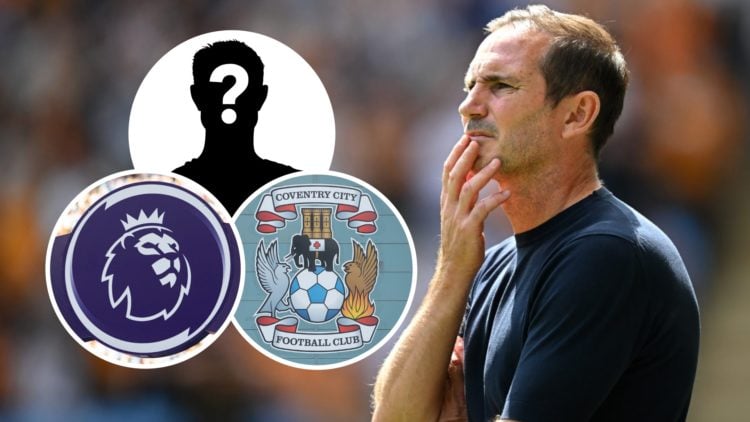 Coventry City FC manager Frank Lampard on the touchline. Inset, a mystery player, the Coventry City FC badge and the Premier League logo.