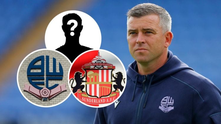 Bolton Wanderers FC head coach Steven Schumacher before a League One game. Inset, a mystery player, the Bolton Wanderers FC badge and the Sunderlan...