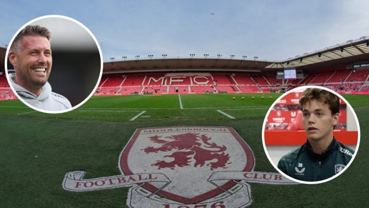 A general view of the Riverside Stadium, an inset of Rob Edwards as head coach of Middlesbrough, Sverre Nypan speaks to Boro Live after being annou...