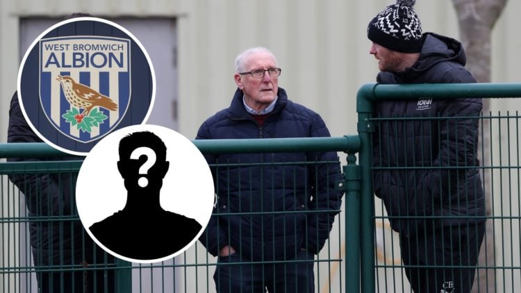 Tony "Bomber" Brown watches the first team training at West Bromwich Albion Training Ground, an inset of a detailed view of a West Brom badge, an i...