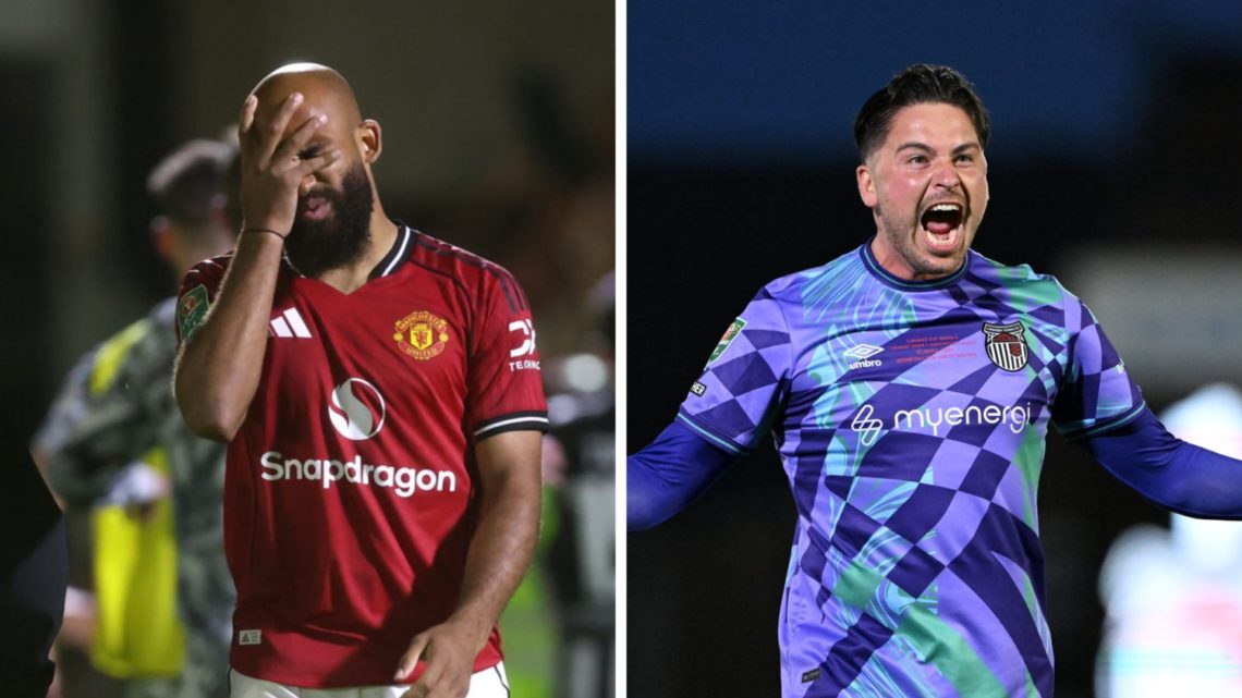 Bryan Mbeumo of Manchester United looks dejected (left), Christy Pym of Grimsby Town celebrates (right)