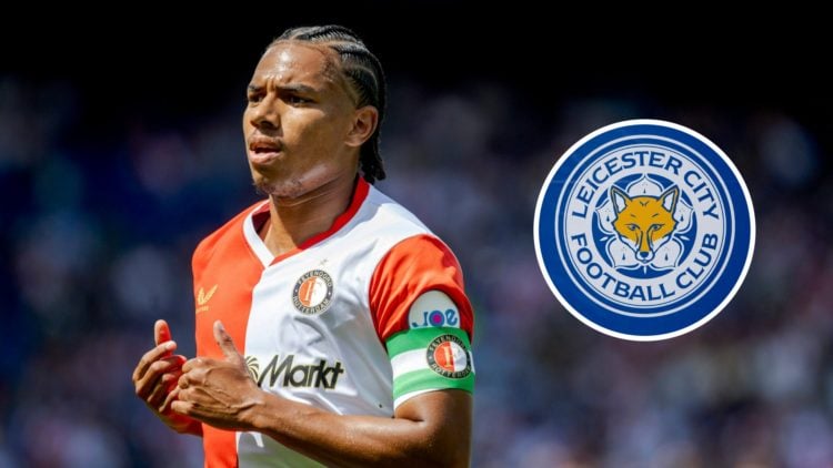 Calvin Stengs of Feyenoord during the Club Friendly match between Feyenoord v Royale Union SG. Inset, Leicester City badge