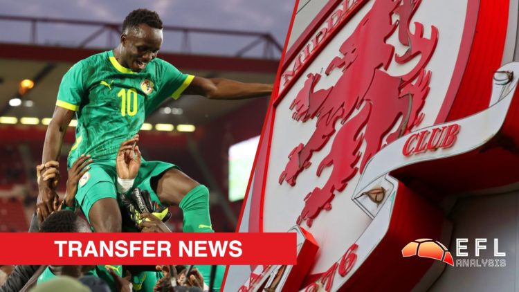 Split image showing Metz and Senegal striker Cheikh Sabaly, plus the Middlesbrough badge outside Riverside Stadium