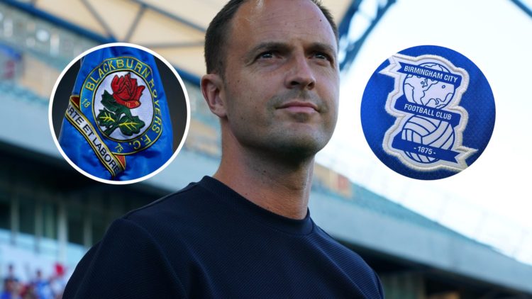 Birmingham City FC head coach Chris Davies. Overlaid, the Blackburn Rovers FC badge and the Birmingham City FC badge.