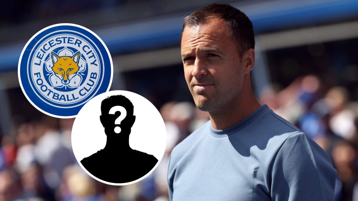 Chris Davies, Manager of Birmingham City, looks on. Inset, Leicester City badge. Inset, Mystery Player