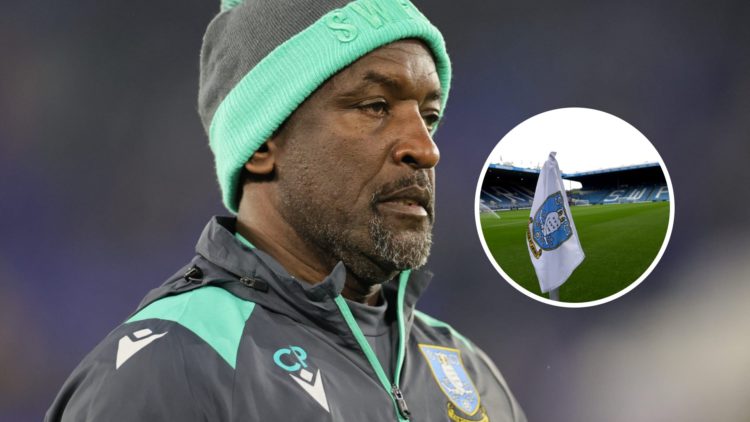 Chris Powell reacts during time as assistant coach for Sheffield Wednesday FC after a Championship game. Inset, the Sheffield Wednesday FC badge on...