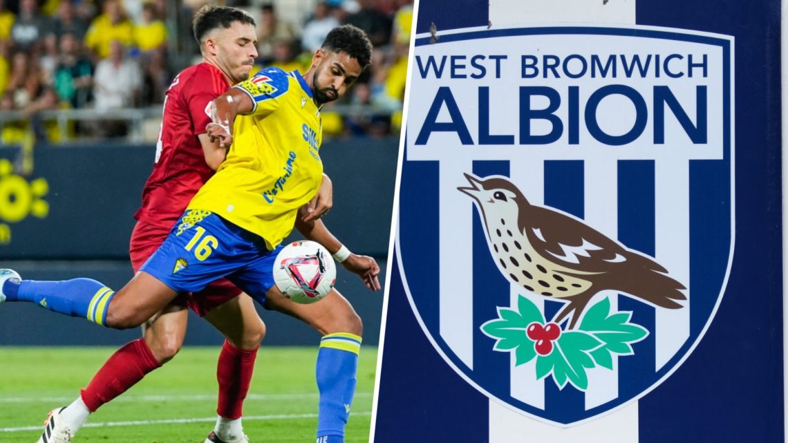 Split image showing Cadiz striker Chris Ramos and the West Brom badge outside Hawthorns