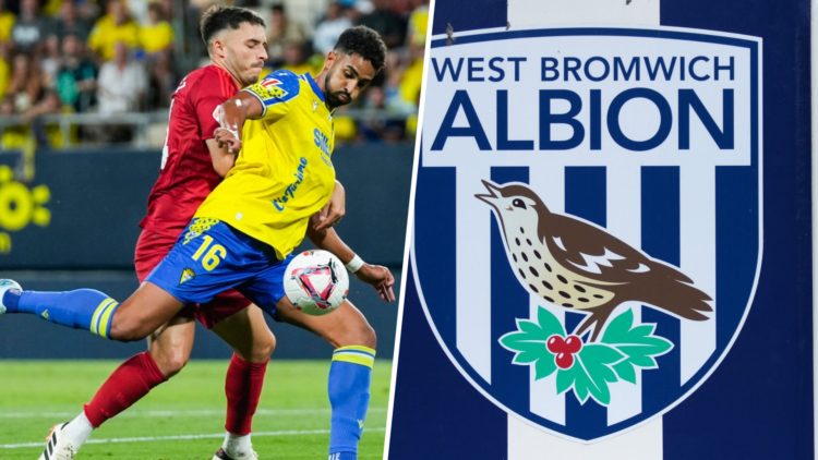 Split image showing Cadiz striker Chris Ramos and the West Brom badge outside Hawthorns