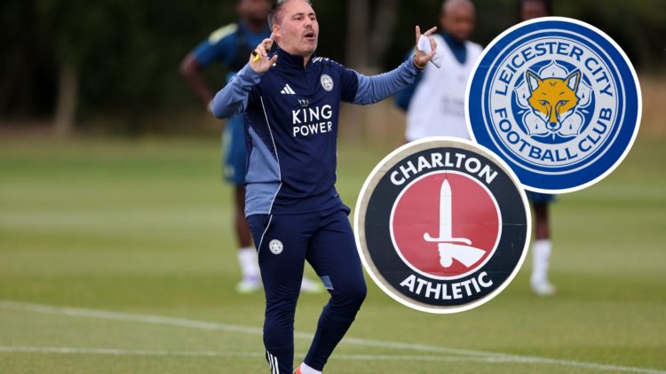 Marti Cifuentes leads Leicester City during a training session, an inset of the Leicester City badge, an inset of the Charlton Athletic badge