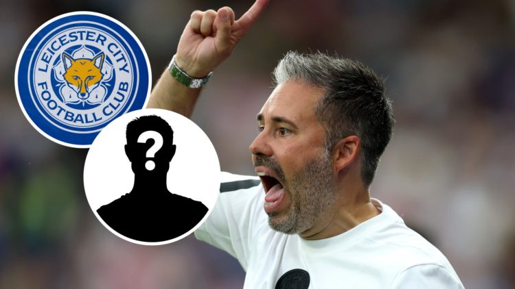 Marti Cifuentes shouts instructions during Leicester City vs Huddersfield Town, an inset of the Leicester City badge, an inset of a mystery man