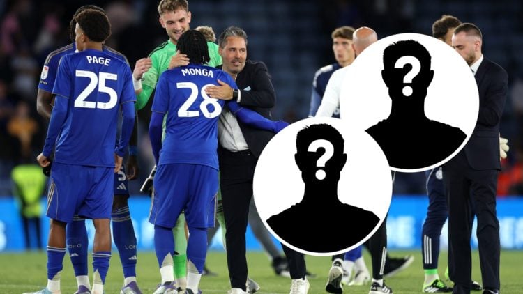 Marti Cifuentes embraces the Leicester City squad after the win vs Birmingham City, two insets of mystery men