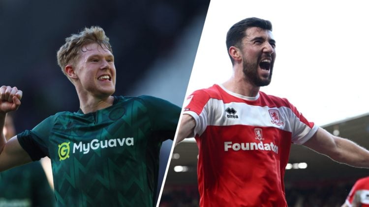 Josh Coburn during Derby County FC v Millwall FC - Sky Bet Championship. Finn Azaz celebrating for Middlesbrough against Hull City.