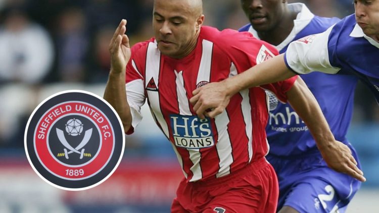 Danny Cadamarteri playing for Sheffield United. Inset, Sheffield United badge.