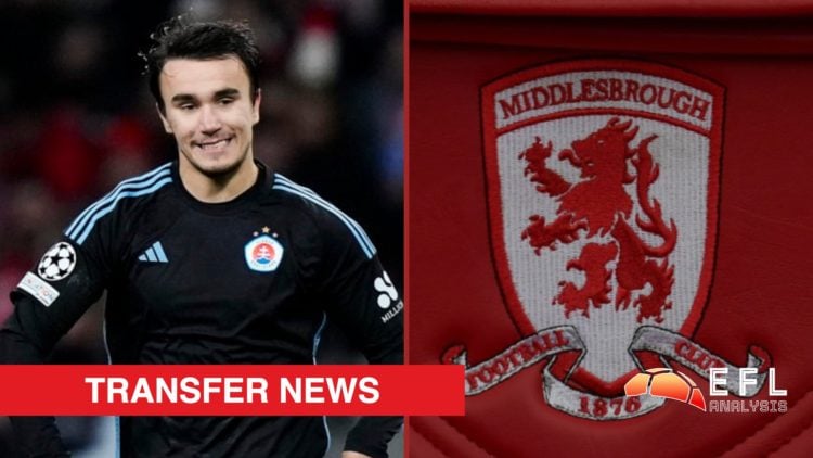 Split image showing Slovan Bratislava striker David Strelec and the Middlesbrough badge at Riverside