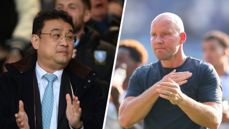 Sheffield Wednesday owner Dejphon Chansiri looks on (left), Henrik Pedersen, Manager of Sheffield Wednesday, acknowledges the fans (right)