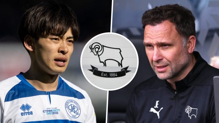 Koki Saito reacts during a Championship game on loan at Queens Park Rangers. Derby County FC boss John Eustace on the touchline. Inset, the Derby C...