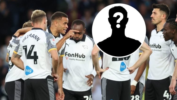 Derby County players exchange words during a game. Inset, mystery player graphic.