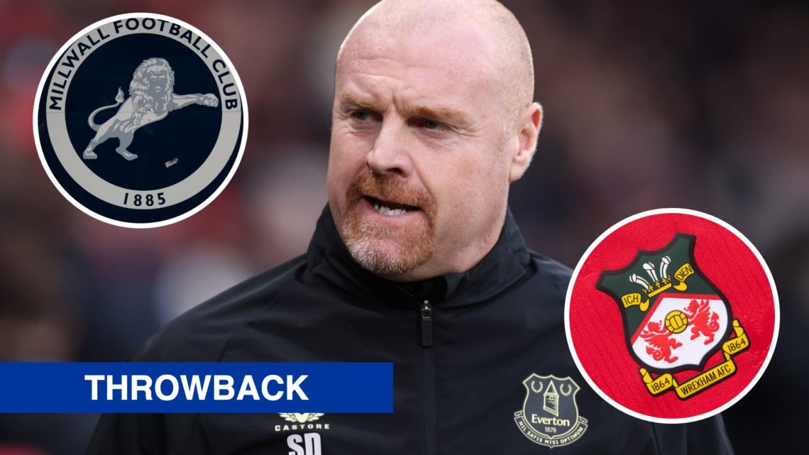 Sean Dyche watches his Everton side in a Premier League game against Manchester City, an inset of the Millwall badge, an inset of the Wrexham badge