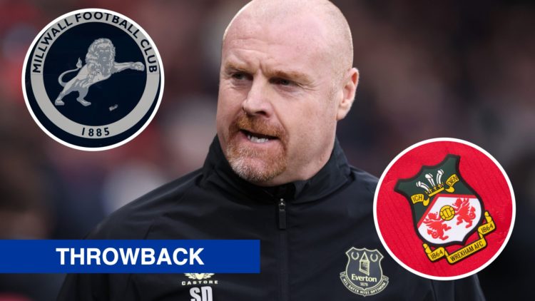 Sean Dyche watches his Everton side in a Premier League game against Manchester City, an inset of the Millwall badge, an inset of the Wrexham badge