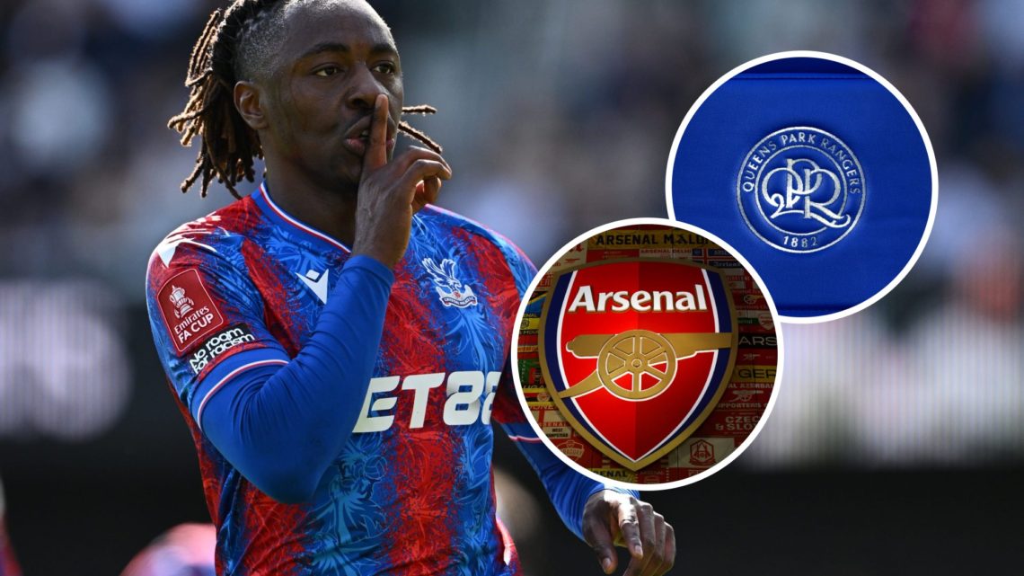 Eberechi Eze celebrates after scoring for Crystal Palace FC. Overlaid, the Queens Park Rangers FC badge and the Arsenal FC badge.