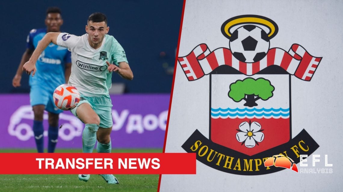 Split image showing Krasnodar midfielder Edouard Spertsyan and the Southampton badge outside St Mary's