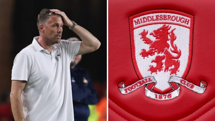 Rob Edwards during Middlesbrough v Doncaster Rovers - Carabao Cup. Middlesbrough logo on the seats in the dugout during the Premier League match be...